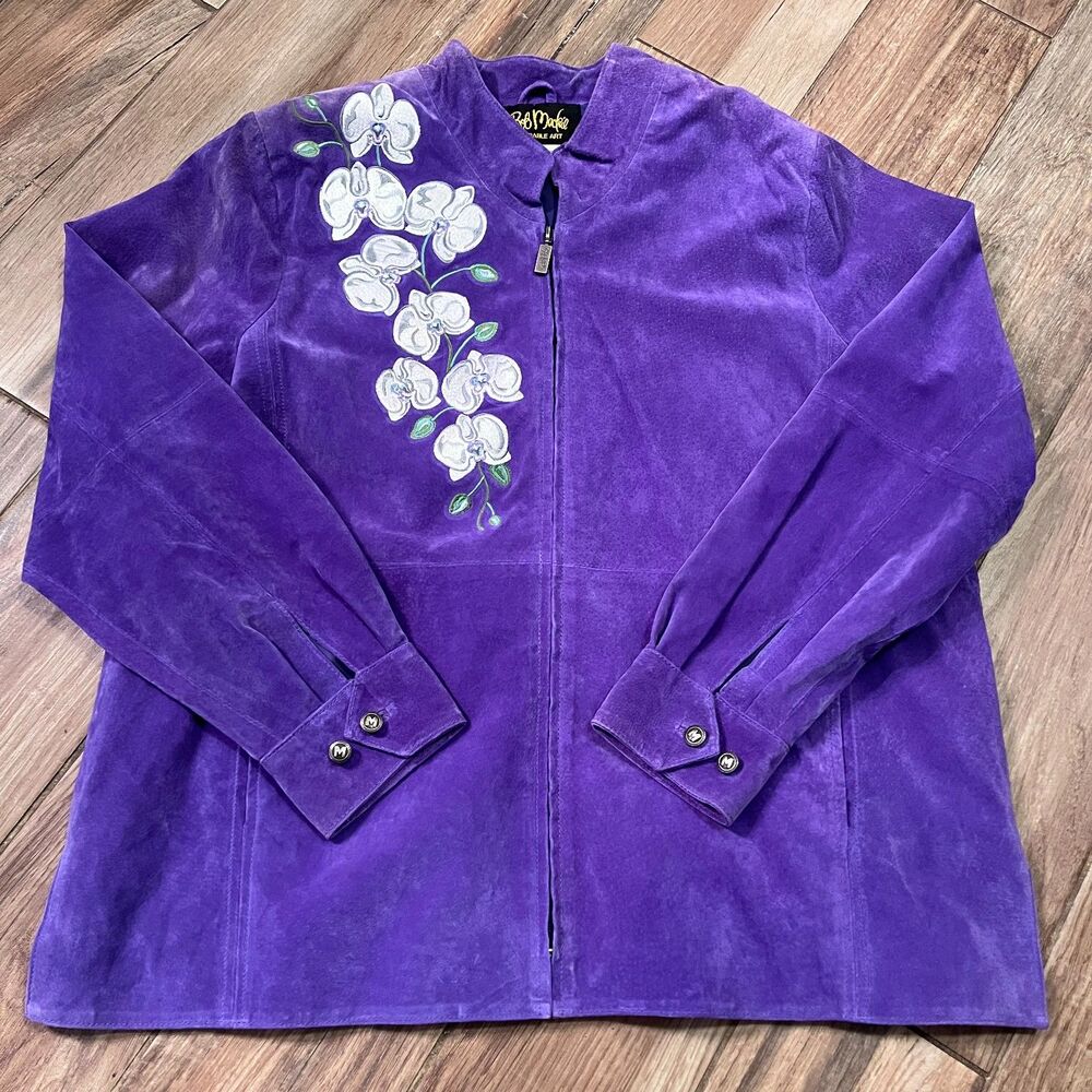 Bob Mackie Wearable Art Embroidered Purple Suede Leather Zip Jacket XL